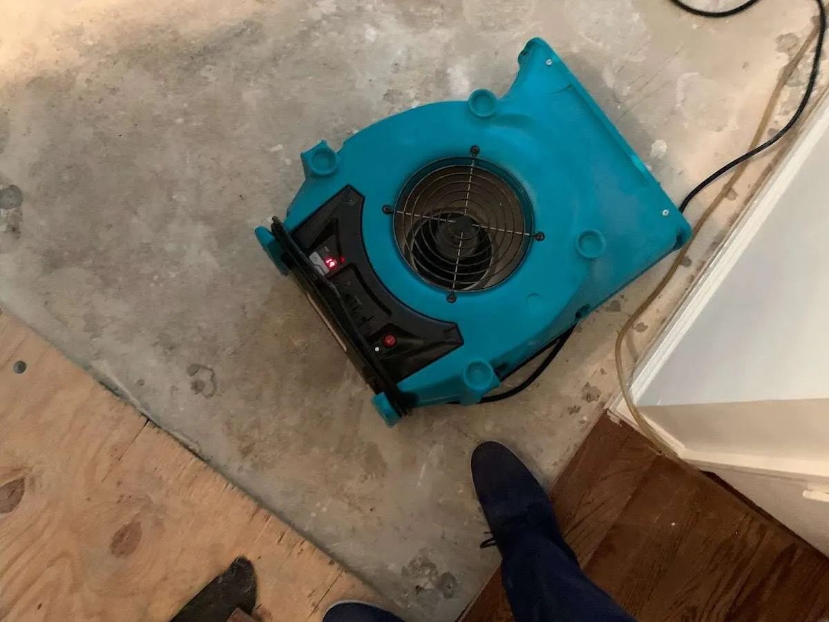 Air mover drying subfloor during Commercial Water Damage Restoration in Guilderland